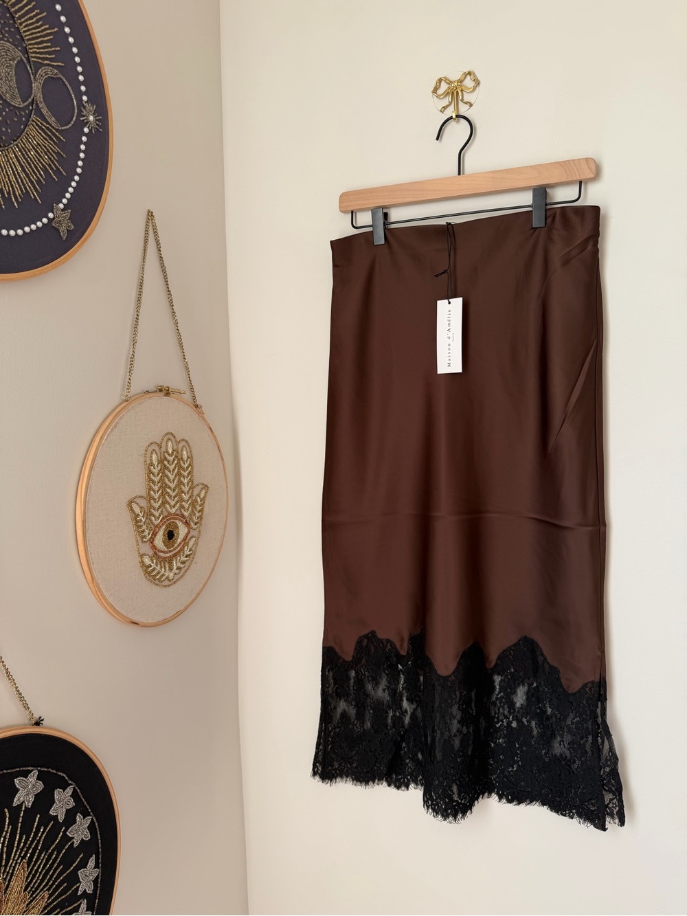 Chocolate Brown Satin Midi Skirt with Black Lace Trim